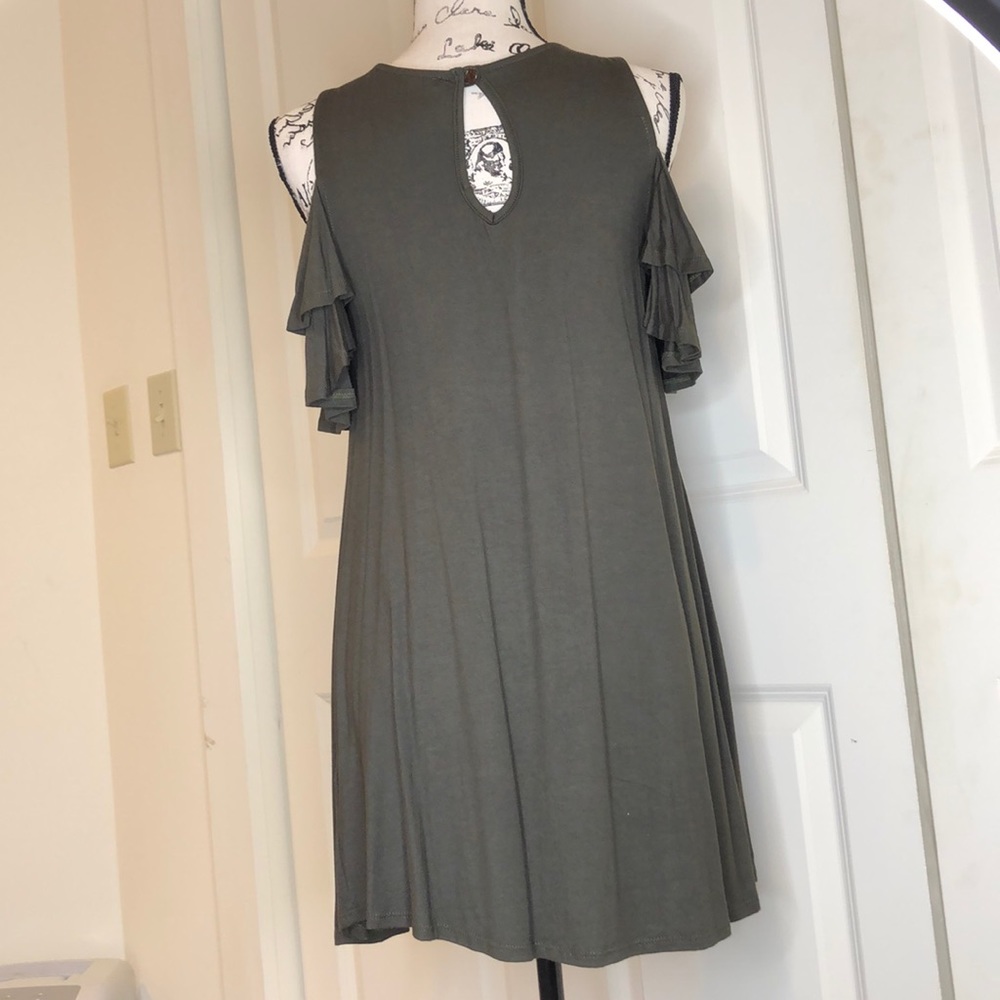 Olive Cold Shoulder Swing Dress Ruffled Sleeves - Picture 5 of 9